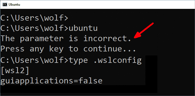 If WSL fails with an incorrect parameter message you can reactivate the subsystem via the configuration file