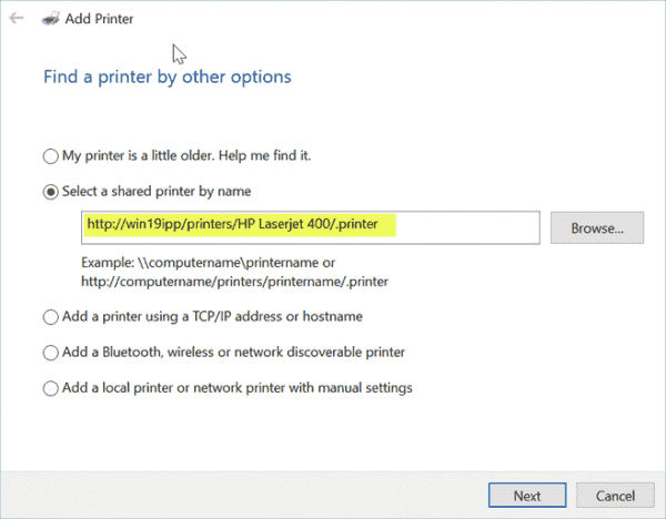 Using the HTTP address for the Internet Printing printer to add this to a Windows 10 client