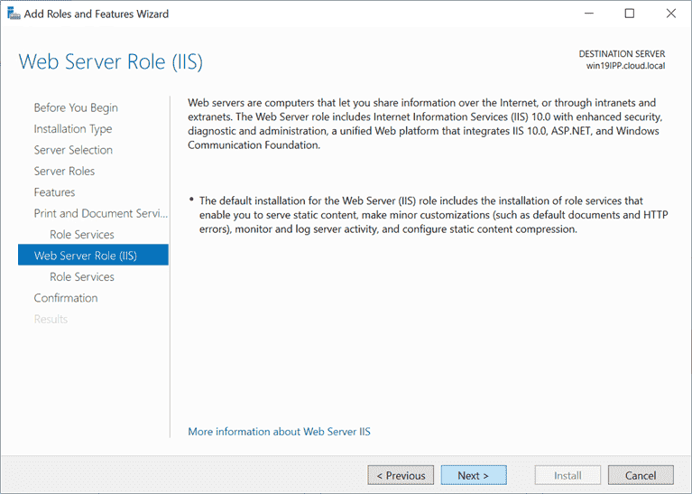 Web server role IIS overview screen