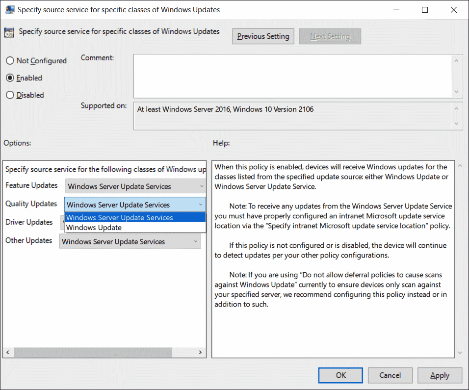 Windows 10 now also allows different sources to be specified depending on the type of update