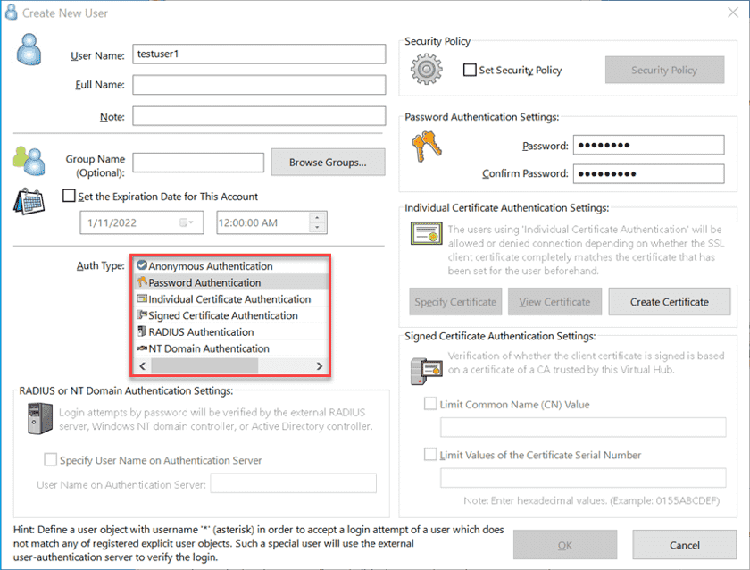 Configuring the settings of a new user account in SoftEther