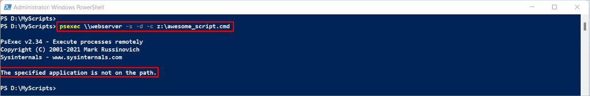 PsExec error: The specified application is not on the path
