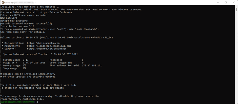 Ubuntu Linux running in the WSL instance