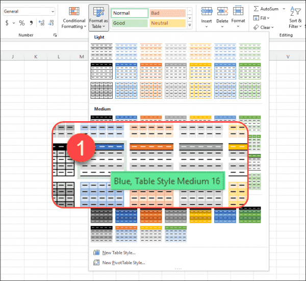 Corresponding Excel table styles