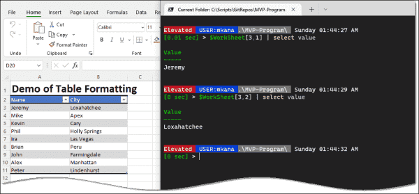 Example of accessing Excel data values