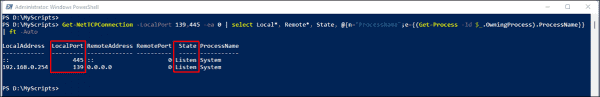 Viewing the status of ports TCP 139 and 445 using PowerShell