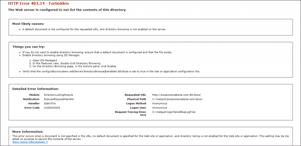 403.14 Forbidden error with detailed error mode enabled