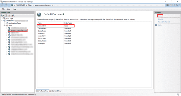 Adding a default document for the website using the IIS Manager