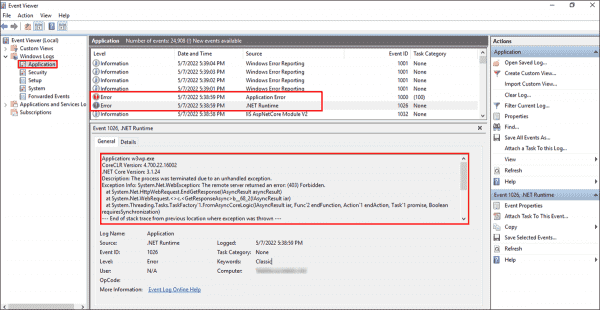 Checking the application log to identify the cause of application pool failure