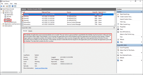 Checking the system log to identify the cause of application pool failure