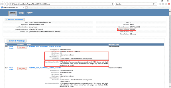 FailedRequestTracingログファイルを使用して500エラーの原因を特定する