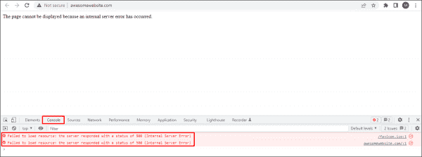 Viewing server errors using the Console tab of the web browser's developer tools