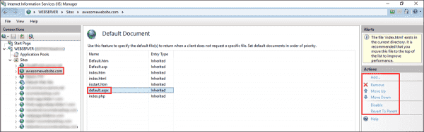 Viewing the default document for a website in the IIS Manager