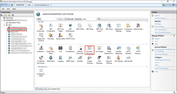 Viewing the directory browsing feature in the IIS Manager