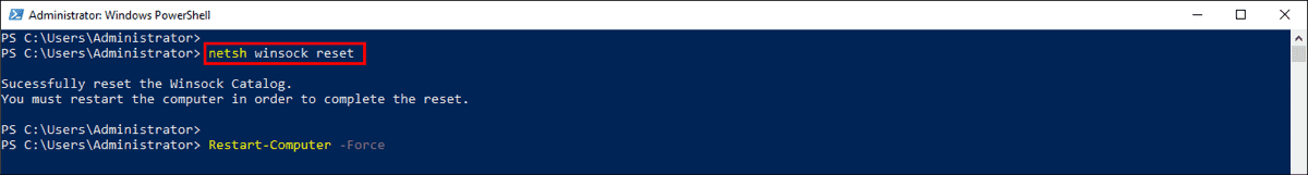 Running the netsh winsock reset command to reset the Winsock Catalog in Windows