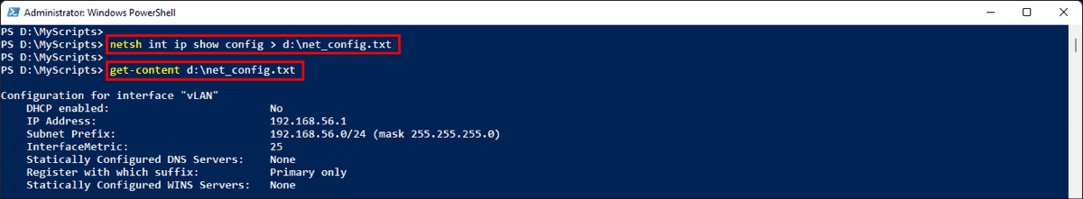 Saving the current IP configuration for all network adapters to a text file using the netsh command