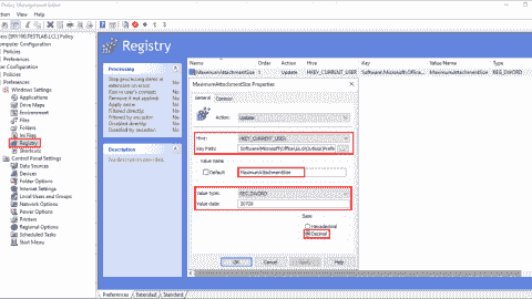 Creating the MaximumAttachmentSize registry value using Group Policy