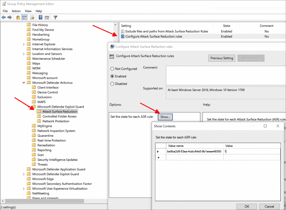 Enter the GUID for an ASR rule and the value for the action Disable 0 Block 1 Audit 2 Warn 6 in the GPO setting