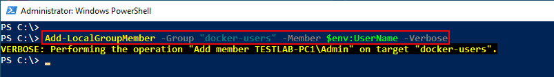 Adding the current user to the docker users group using PowerShell