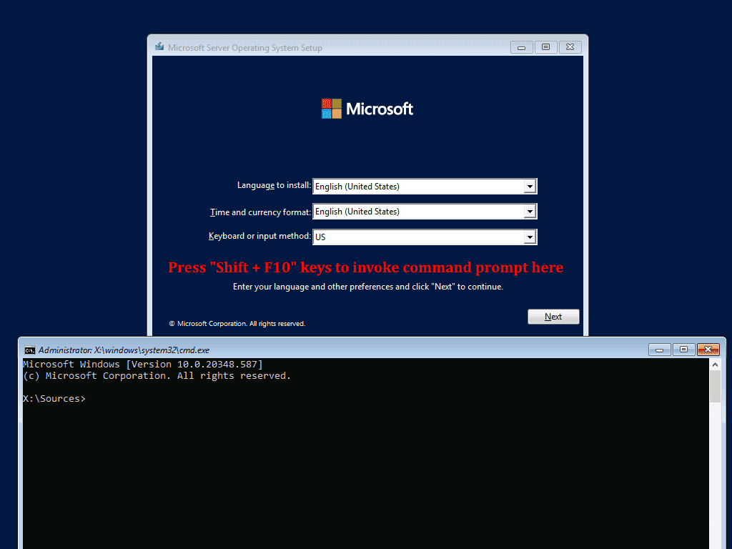 Launch a command prompt using the ShiftF10 keys on the Windows setup screen