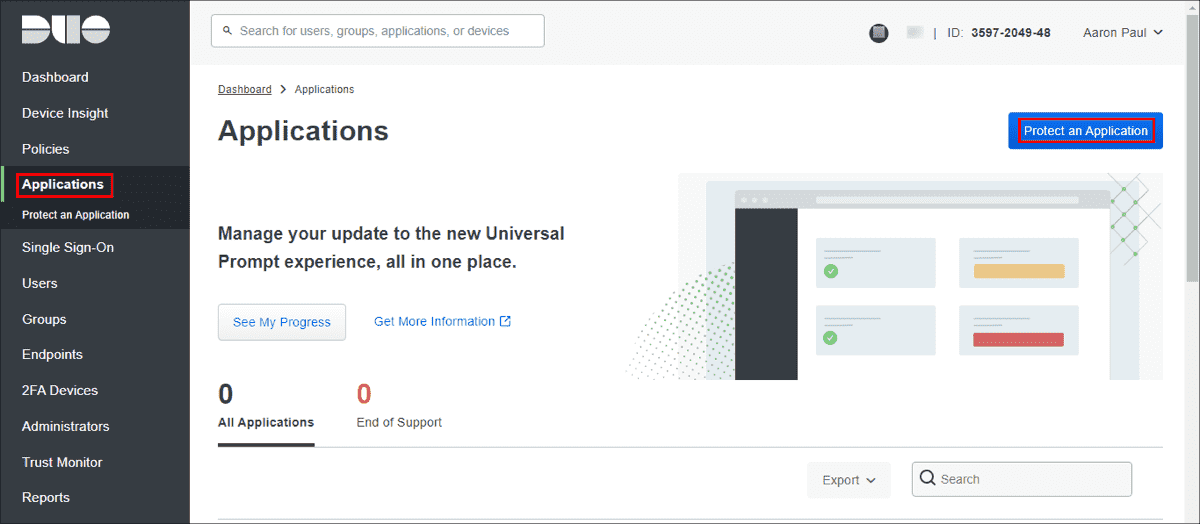 Duo admin console Protect an application