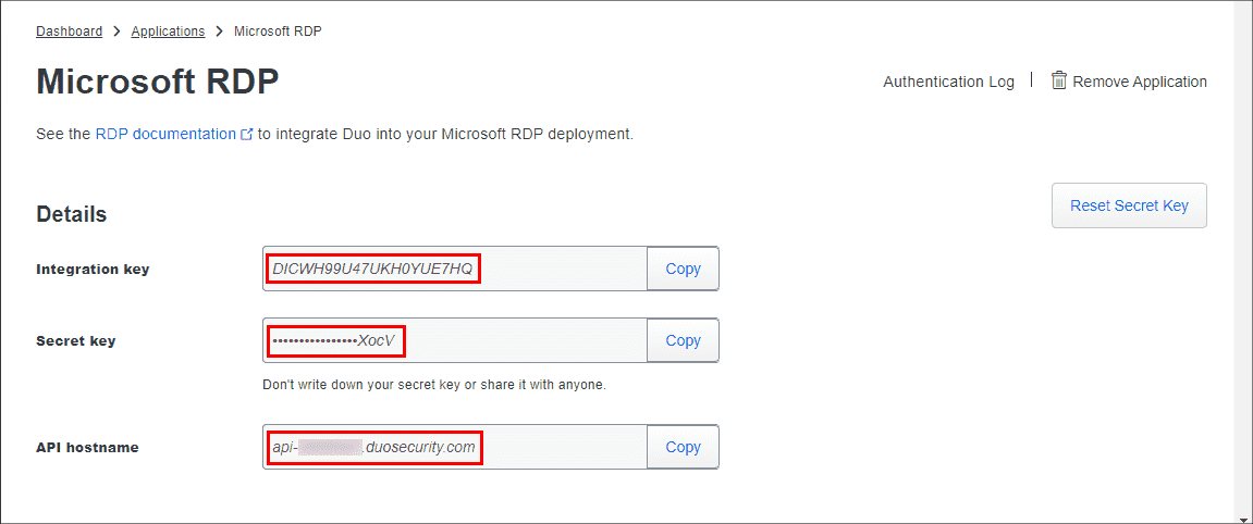 Duo admin console Viewing integration key secret key and API hostname