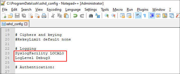 Enabling file based debug logging using the OpenSSH configuration file