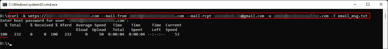 Send an email message using a curl command