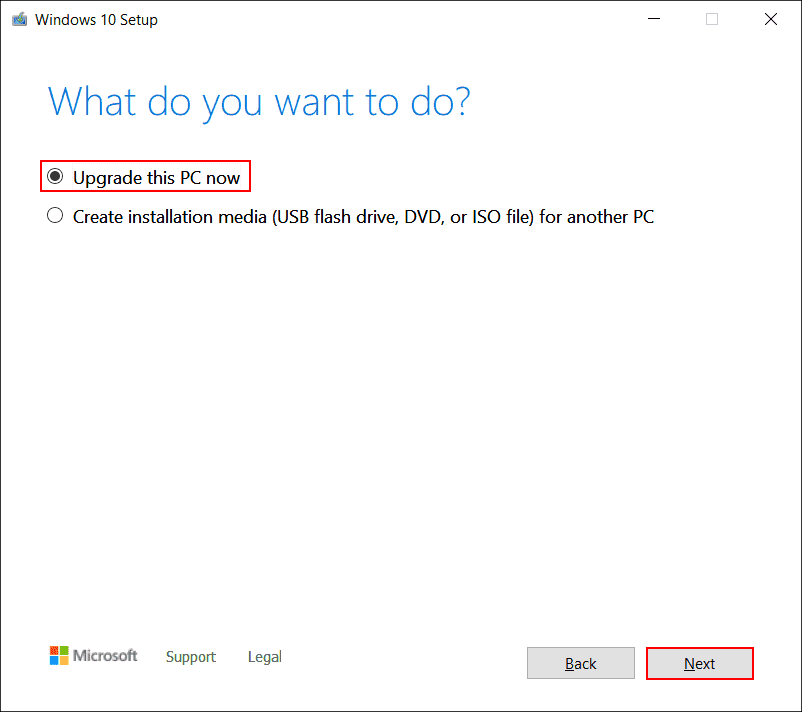 Upgrade this PC now option in the Media creation tool