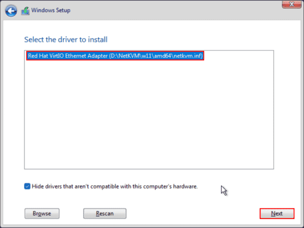 Installing the VirtIO ethernet adapter driver