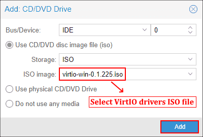 Mounting the VirtIO drivers ISO file into the new DVD drive