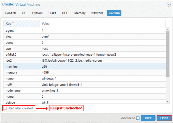 Proxmox Create Virtual Machine wizard Confirm tab