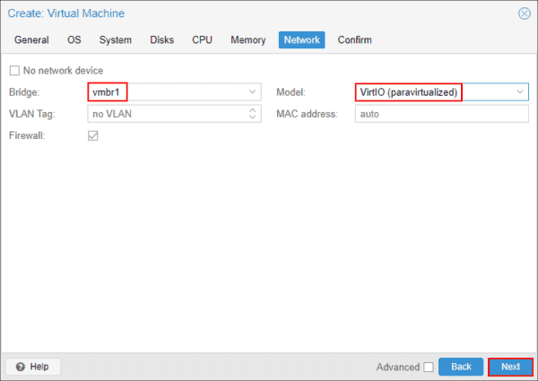 Proxmox Create Virtual Machine wizard Network tab