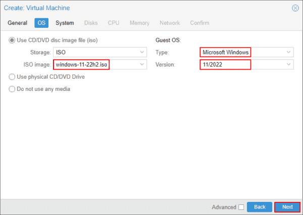 Proxmox Create Virtual Machine wizard OS tab