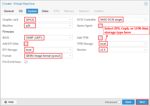 Proxmox Create Virtual Machine wizard System tab