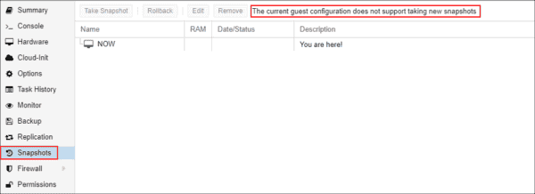 The current guest configuration does not support taking new snapshots