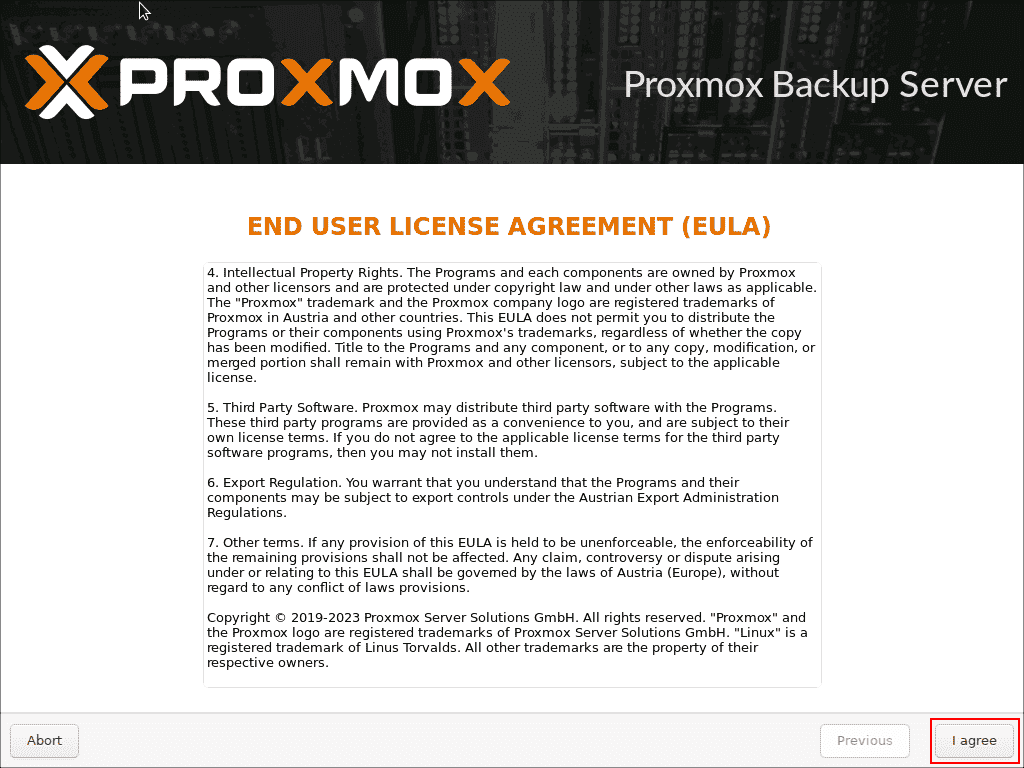 Accepting the end user license agreement for Proxmox Backup Server