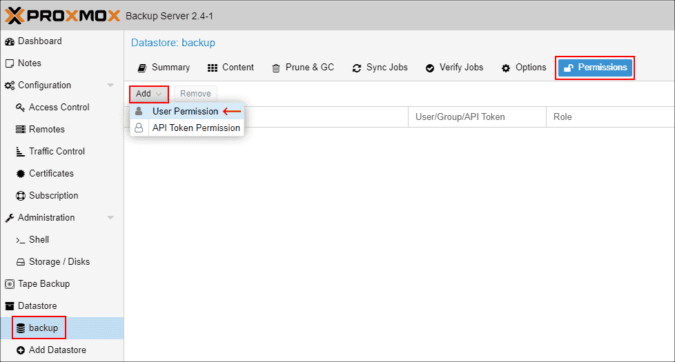 Assigning datastore permissions in Proxmox Backup Server