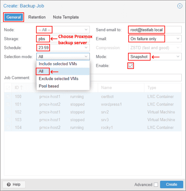 Backup job settings in Proxmox VE