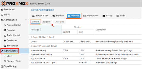 Checking for updates in Proxmox Backup Server