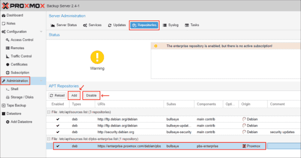 Disabling the enterprise repository in Proxmox Backup Server