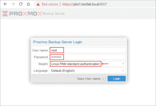 Proxmox Backup Server management GUI login