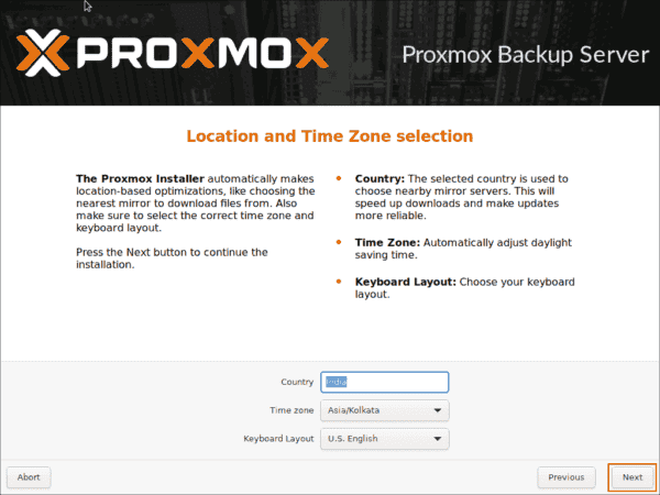 Selecting the location and time zone for Proxmox Backup Server