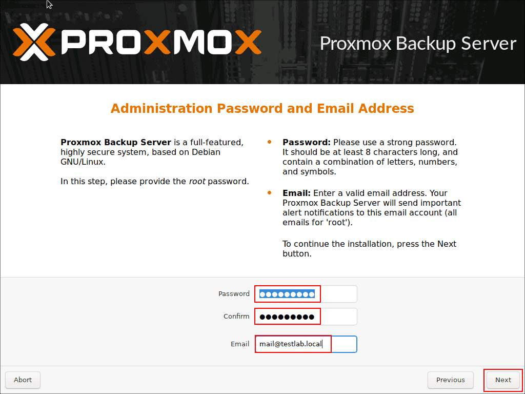 Setting the administrator password and email address for Proxmox Backup Server