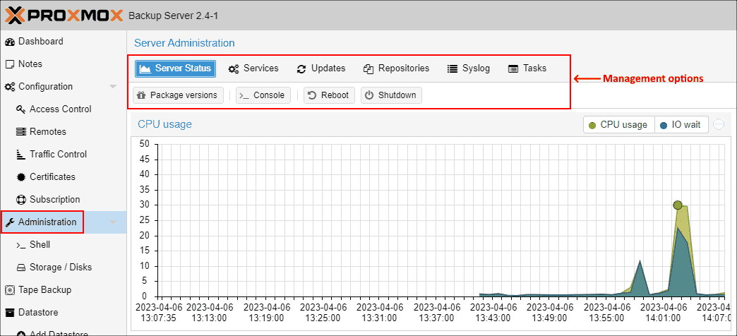 Viewing Proxmox Backup Server administration options