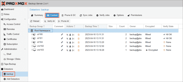 Viewing backup content in Proxmox Backup Server