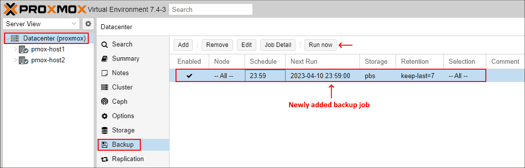 Viewing the backup job in Proxmox VE