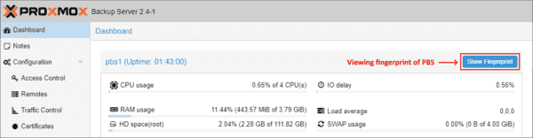 Viewing the fingerprint of Proxmox Backup Server