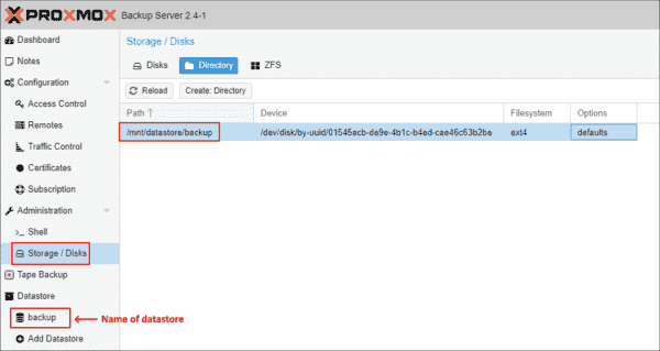 Viewing the newly created datastore in Proxmox Backup Server