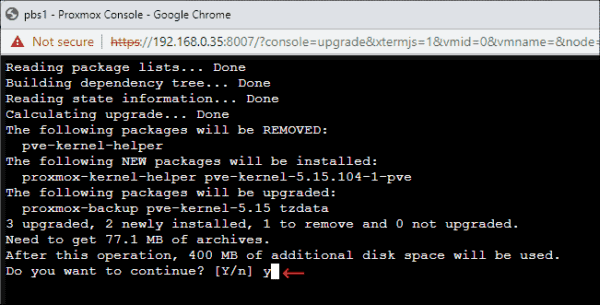 Viewing updates installation progress in Proxmox Backup Server